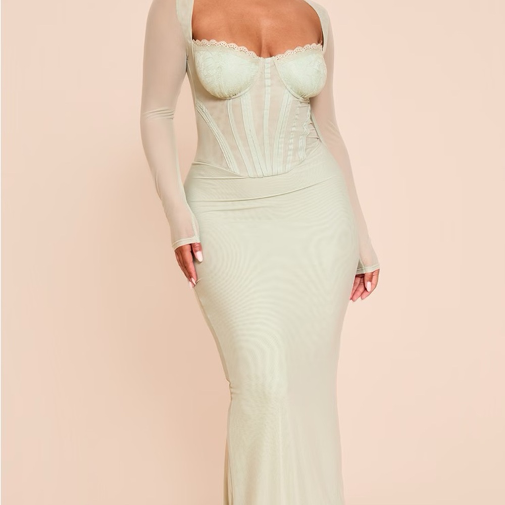 NWT PrettyLittleThing Shape Matcha Green Mesh Long Sleeve Lace Corset Dress